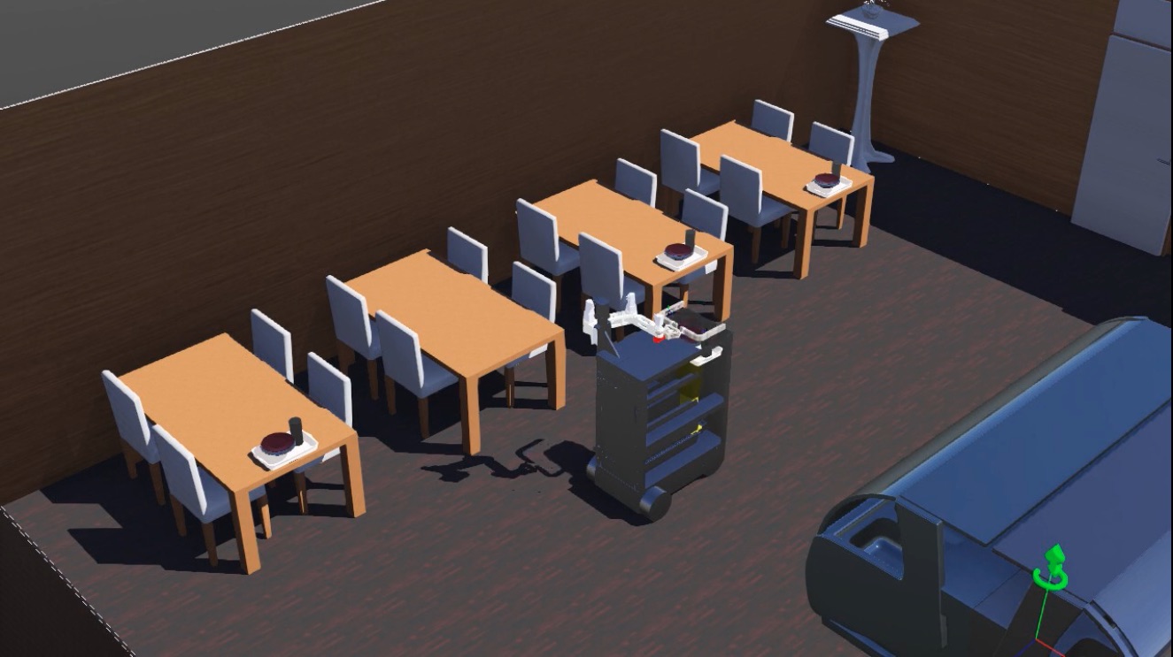 Webots simulation of Busserbot navigating a dining room of tables toward a delivery van